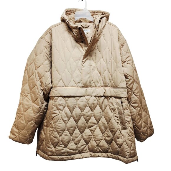 4X Puffer Beige Hooded Jacket Womens Zippered Pockets Drawstring Collar - Picture 1 of 6